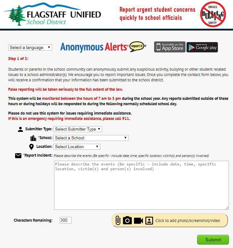  Anonymous alerts submission page