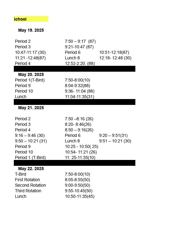  Last Week of School Schedule
