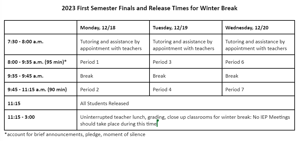  First Semester Finals Schedule 12/18-20th