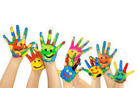  kids hands painted with multiple colors and smiley faces