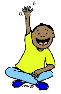 boy sitting on floor raising his hand with a smiling face